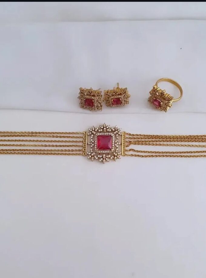 CHOKER SET WITH RING AD STONE-A2337 RUBY